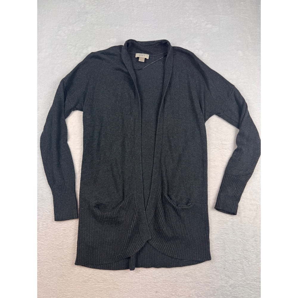 LOFT Womens Charcoal Gray Open Front Cardigan Sweater Size M Cotton Rayon Blend